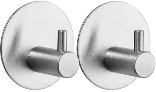 Klebehaken Extra Stark 2 Stück, Haken Ohne Bohren Mit Klebepads Haken Selbstklebend Edelstahl SUS 304 Runde Haken Wasserdicht Klebehaken Badezimmer Multifunktional Für Bad Toilette Küche (Silber)