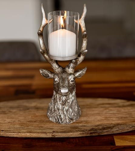 Marco Paul Christmas Decorations Stag Candle Holder - Christmas Table Decoration - Pillar Candle Holders - Reindeer Table Decorations Centrepiece - Xmas Candle Holders for Living Room