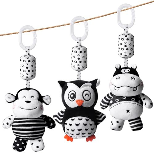 Aolso Kinderwagen Spielzeug, 3Pcs hängendes Rasselspielzeug, schwarz-weißes Spielzeug, Baby-Hängespielzeug, Neugeborenes Autositz-Spielzeug für Jungen und Mädchen (Nilpferd/AFFE/Eule)