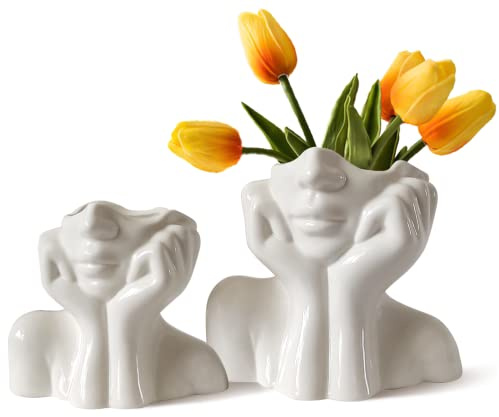 Kogxscej Aesthetic - Set di 2 Vasi in Ceramica Bianca per Fiori, Decorazione Corpo e Sala da Pranzo - Vasi Estetici, 00012