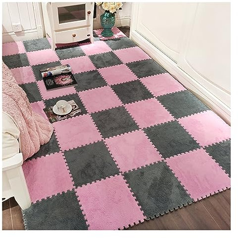 12 Teile – Plüsch-Puzzle-Schaum-Bodenmatte – ineinandergreifende Teppichfliesen – flauschige Puzzle-Matten, quadratische Teppiche, 30 x 30 cm große Schaumstoff-Bodenfliesen (Farbe: Rosa + Gr