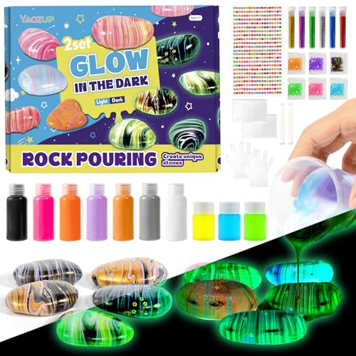 YAOZUP Nachtleuchtendes Steine Bemalen Set für Kinder, 10 Stück Steine zum Bemalen Set mit 10 Farbfarben und Aufkleber, Kreativ Steinmalerei, Rock Painting, Bastelset Spielzeug Kinder 4-12 Jahre