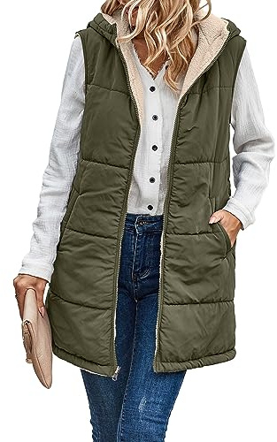 Famulily Women's Long Gilets 2024 Fall Winter Reversible Sleeveless Jacket Hooded Fleece Coat with Pocket Army Green L