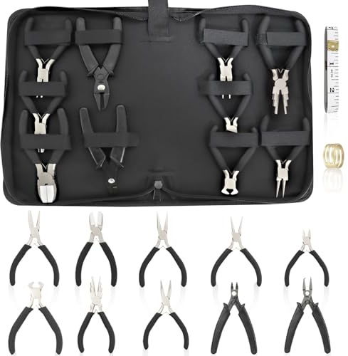 Fesorsi 10 Pack Jewelry Pliers Set of Needle Nose, Round Nose, Bent Nose, Bail Making, Nylon Jaw, Crimping, End Nippers, Split Ring, Wire Looping and Wire Cutters for Jewelry Making Repair DIY Wrap