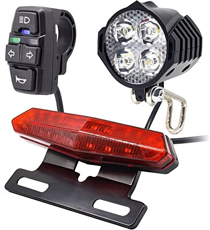 36V 48V Electric Bike Light Kit, Headlight Horn 100dB, Tail Light with Turn Signal, Rear Rack Mount 50mm 80mm