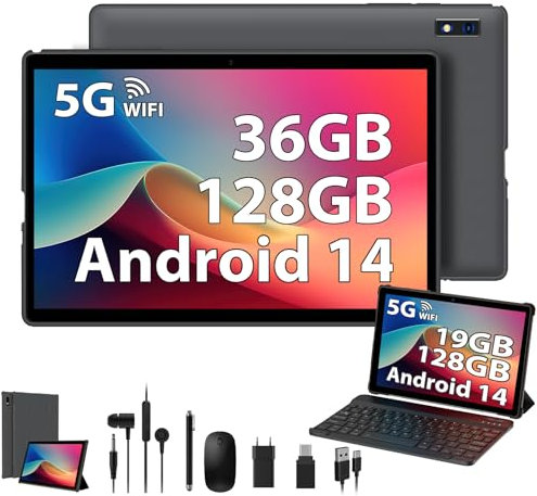 MAXLEGEN Tablet 10 Zoll, Android 14 Tablets mit 36GB RAM + 128GB ROM/TF 2TB, 2.4G/5G WiFi 6, Octa-core 2,0 GHz, Bluetooth 5.0, 8 MP Camera, 10-Zoll-Touch-Tablet mit Tastatur, Maus, Kopfhörer, Hülle