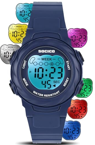 SOCICO Kids Digital Watches for Girls Boys, 7 Color Lights Waterproof Sport Outdoor Wristwatch with Stopwatch, Alarm, Date, Great Gift for Child Ages 5-12 (Blue)
