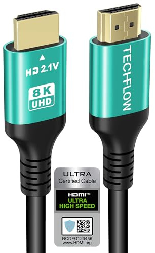 TechFlow Ultra High Speed HDMI® 2.1 Cable – 48 Gbps, 8K@60 Hz / 4K@120 Hz, eARC & VRR, HDR10+, HDCP 2.3, Low-Latency for PS5, Xbox Series X, PC, TV & Projector, HDMI 2.1a (3.3ft/1m)