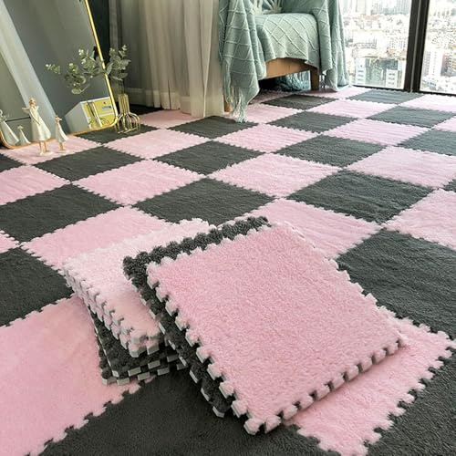 KjoiDWz Ineinandergreifende Schaumstoff-Spleiß-Bodenmatten, 10 Stück, weiche, zottelige Teppichfliesen, Fitness-Spielteppiche(Gray+pink)