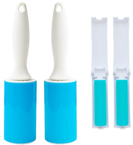 Washable Sticky Gel Lint Roller 4 Pack, Reusable Lint Roller for Pet Hair, Remover Cleaner for Clothes, Carseats, Travel, Sofa, 2 Large with Dust Covers+ 2 Foldable Mini, Portable Lint Brush