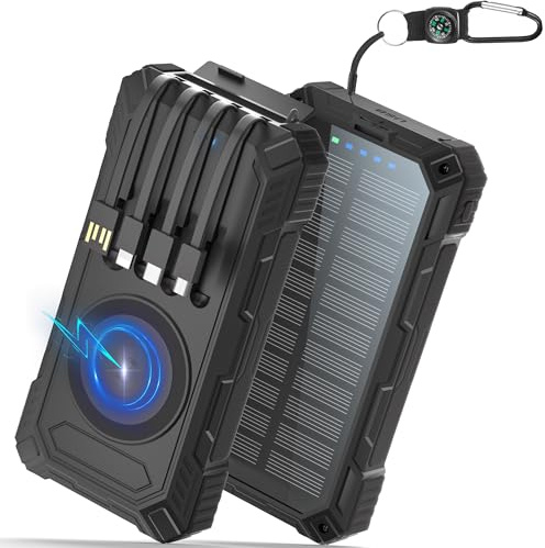 56800mAh Power Bank 30W Solar Powerbank USB C Wireless Charging External Battery Charger with 4 Cables Fast Charging 6 Outputs 3 Inputs, Power Bank Solar Outdoor with Camping LED Lamp, Compass