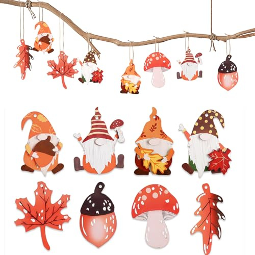 24pc Herbstdeko Hänger, Holz Herbst Dekoration, Zwerg Wichtel Pilz Ahornblatt Fensterhänger, Autumn Decor Fenster mit Hanfseil, Fall Deko Aufhängen fur Erntedankfest Halloween