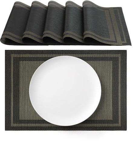 AGYO Set 6 Tovagliette Americane 30x45 cm in PVC, Facili da Pulire, Resistenti e Antiscivolo – Colore Nero con Bordo Grafite – Eleganti per Cucina, Pranzo e Colazione – Mod.3