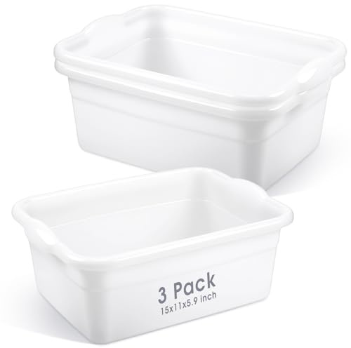 Honeydak 3 Pack Dish Pans for Kitchen Sink, 12 Quart Plastic Wash Basins Tub and Foot Bath for Soaking Feet, Rectangular White Wash Bucket for Washing Storage Cleaning Hospital Laundry Supplies
