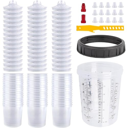 Gobelet de Mélange de Peinture pour Pistolet a Peinture, 50 Pièces Godets à Peinture Jetables pour Pistolet à Peinture avec 2 Raccords Alu Filetage Mâle/Femelle + 1 Bâton de Mélange (800ML)​