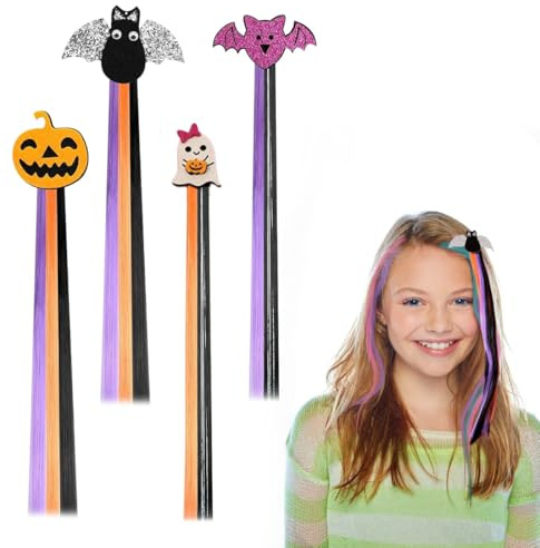 KEQAR 4 Stück Haarverlängerung Clips für Glattes Haar, Halloween Mädchen Haarschmuck, Bunte Haarteile Synthese Party Ankleiden (Bunte)