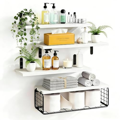 Wandregal Holz, 4 + 1 Stück Schweberegal Holzregal mit Drahtkorb, Weiß | 40 cm Regale für Wände, Stabiles Regalbrett Holz für Schlafzimmer, Wohnzimmer, Badezimmer, Küche