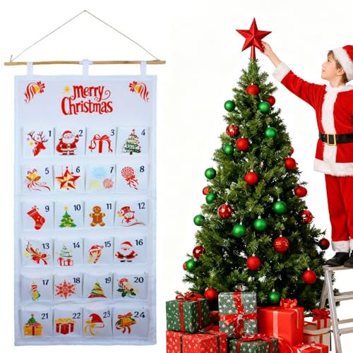 Nzkeuf Adventskalender zum Befüllen Stoff, 100 * 50cm Wandteppich Wandkalender mit 24 Fächern, Adventskalender zum Aufhängen Wiederverwendbar für Weihnachtsdeko Geschenkverpackung