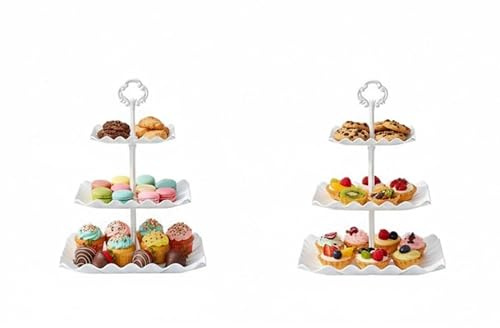 Braozaiw Set of 5 Tiered Cake Stands in PP Material, Includes 2x Square 3 Tier Cake Stands & 3x Square Appetizer Plates, Modern Cupcake Stand and Afternoon Tea Stands for Party Display