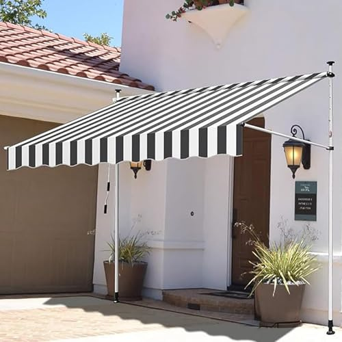 Tenda da sole retrattile per patio, 150 x 120 cm, manovella manuale, con altezza regolabile, colore grigio-bianco, perfetta per balcone e veranda con braccio estensibile.