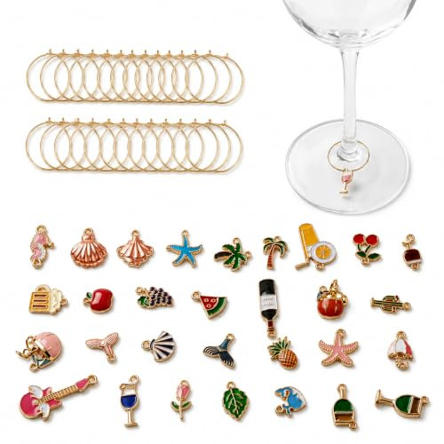 IUSOT 30 Stück Glasmarkierer Weinglas Anhänger Set mit Tasche - Bunte Glas Markierung Marker für Gläser Markieren - Dekorative Wein Charms Zubehör für Party Hochzeit Weinverkostung Cocktail Champagner