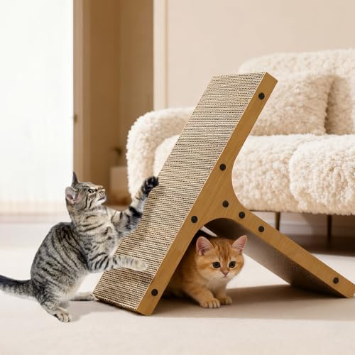 ​Kratzbaum aus Holz mit Wellpappe, T-förmig und stabil mit schwarzen Nieten - Ideal für Katzen als Kratzmöbel für Zuhause​