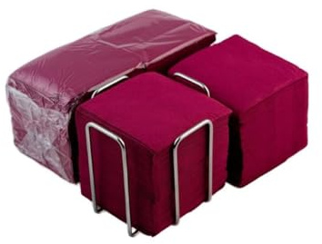 Pack de 300 Servilletas Cocktail de Papel Burdeos + Servilletero de Mesa Acero Inox - Textura micropunto - Más Gruesas y Absorbentes - 10 x 10 cm Plegadas - Hostelnovo