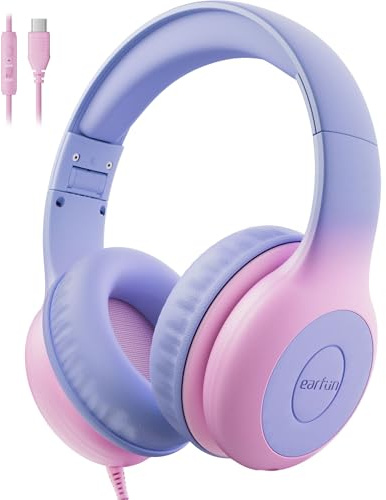 EarFun Casque Audio Enfant Filaire avec Micro Intégré, Limiteur de Volume 85/94 DB, USB-C, Confortable, Partage Audio, Arceau Réglable, Pliable, pour École/Voyage/Téléphone, Violet