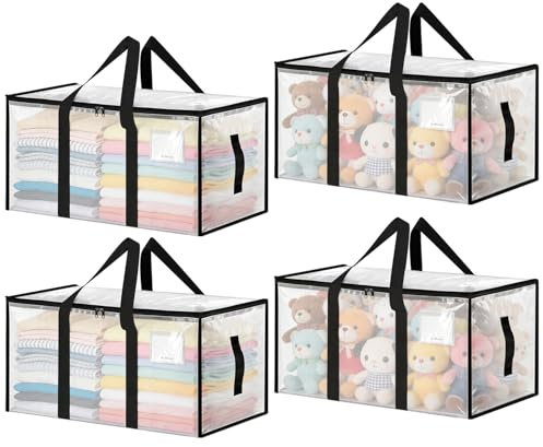 Borsa portaoggetti 4 pezzi Borse per traslochi, 88L Borsa portaoggetti grande trasparente, portaoggetti per vestiti con cerniera e maniglia per traslochi, campeggio, biancheria da letto, vestiti