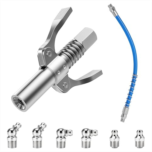 Qzakce Grasso Pistola Accoppiatore Testina Ingrassatore Autobloccante ad Alta Pressione 1/8 NPT con Tubo Flessibile da 30 cm e 6 Pezzi Nippli Lubrificanti M10 per Tutti Pressa per Grasso