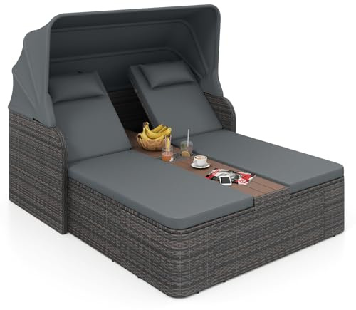 COSTWAY Polyrattan Doppelliege, Sonnenliege für 2 Personen, Gartenliege mit Dach, verstellbaren Rückenlehnen, Auflage, mittlerem Tisch & Getränkehaltern, Sonnenbett, Loungebett für Garten (Grau)
