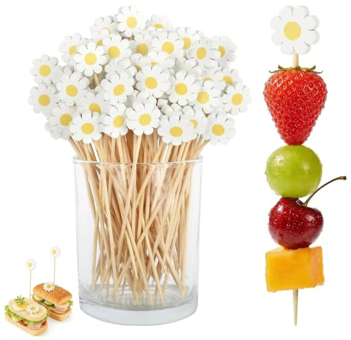 100 stycken blomcocktailspett, tusensköna spett, fingermat, cocktailtandpetare träspett, 14 cm blommor, cocktaildekoration, ostspett, festspett, cocktailpinnar, fruktspett, hamburgare spett