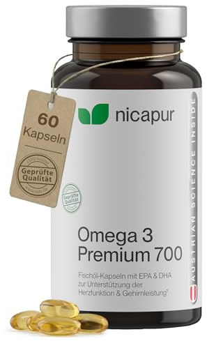 nicapur Omega 3 Premium 700 – Hochkonzentriertes Fischöl mit EPA, DHA & Vitamin E in Triglycerid-Form – 60 Kapseln, laktosefrei & fruktosefrei