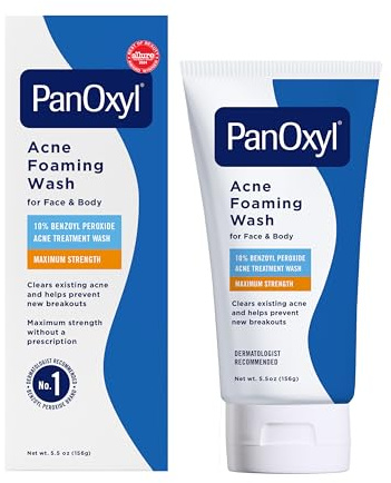 PanOxyl 10% Benzoyl Peroxide Acne Foaming Wash, Maximum Strength, Daily Acne-Fighting Face and Body Cleanser, Face Wash to Clear, Treat and Prevent Acne Pimples and Stubborn Breakouts, 5.5 Oz Tube