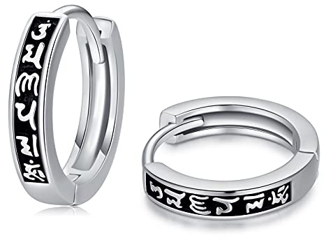 TANGPOET Buddhistischer Creolen Ohrringe 925 Sterling Silber Schwarz Herren Ohrringe Buddhistisches tibetisches Mantra Om Mani Padme Hum Schläfer Ohrring für Männer Frauen Jungen