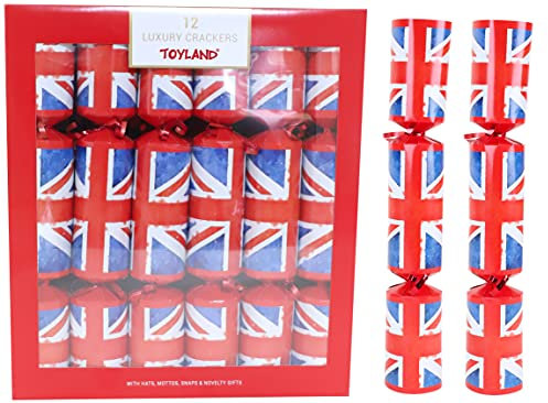 Toyland® 12 Luxury Union Jack Design Party Crackers - Red, White & Blue Crackers - British Theme Decorations - Christmas Ornaments