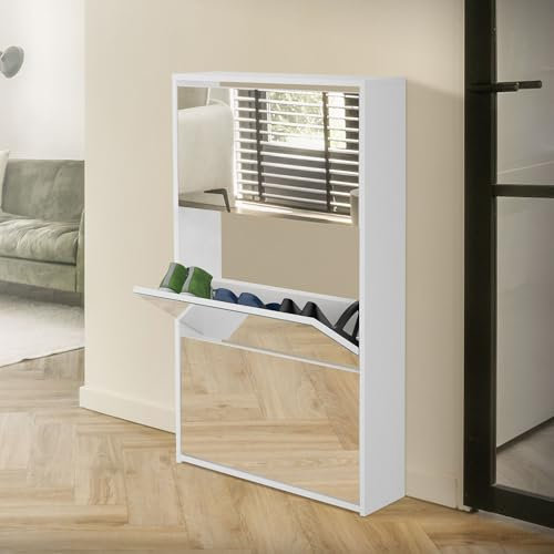 ML-Design Mueble Zapatero Moderno Blanco con 3 Compartimentos para 9 Pares de Zapatos, con Espejo, 63 x 17 x 102,5 cm Hecho de Madera, Armario para Calzado Basculante para Entrada o Recibidor