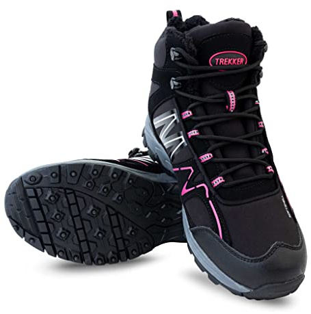 Trekker Scarpe Donna Invernali Chiodate - Scarpe Invernali Antiscivolo - Scarpe comode e idrorepellenti con Borchie - Nero-Rosa, 38 EU