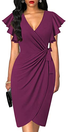 oten Womens Deep V Neck Ruffle Sleeve Sheath Casual Cocktail Party Work Faux Wrap Dress Purple X-Large
