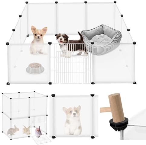 Aufun Valla para Mascotas con Puerta, Corral Exterior de plástico, Corral Extensible para Animales Pequeños, Cobayas, Hamsters, 145x75x48 cm, Blanco