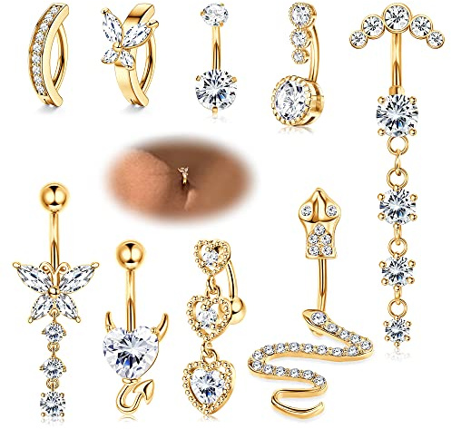 CASSIECA 9 Stück 14G Bauchnabelpiercing Chirurgenstahl Langer Anhänger Dangly Zirkonia Schlange Schmetterling Clicker Piercing Bauchnabel Bauchnabelpiercings Schmuck Set, Gold