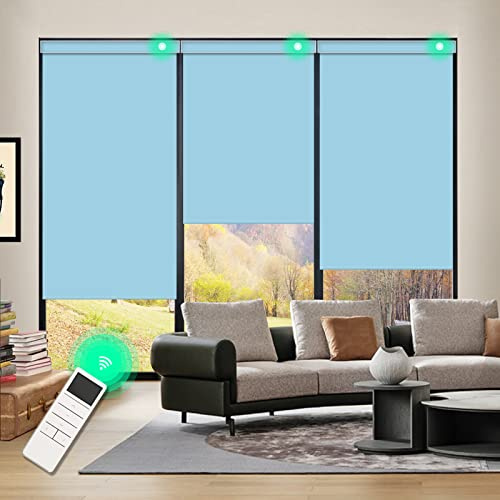Chaudix Automatic Blackout Valanced Window Roller Shades, Baby Blue Cordless Design Rechargeable Motorized Window Blinds with DIY Dustproof Metal Valance for Home, Restaurant, Office