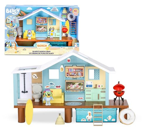 Bluey - Beach Cabin Playset, casa spiaggia del cucciolo blu, giocattolo con figura, con accessori, piscina, occhiali, galleggiante, barbecue, casetta blu, famosa (BLY66000)