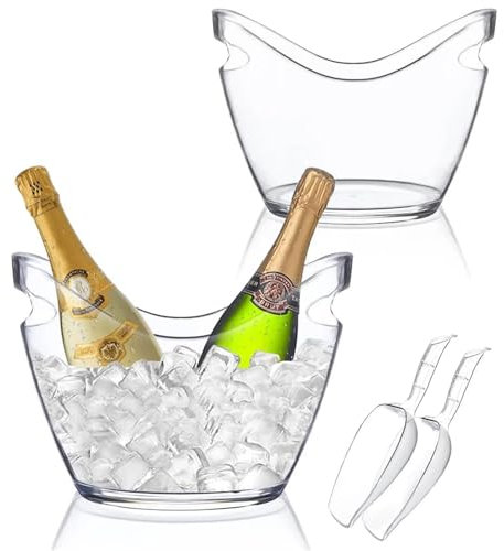 WIOSOUL Ice Bucket,Champagne Bucket Drinks Bucket 2PCS 4 Liter Ice Bath Tub Wine Bucket,Acrylic Champagne Bucket Ice Bucket Large with 2PCS Ice Bucket Scoop,Beer Bucket,Ice Buckets for Parties(Clear)