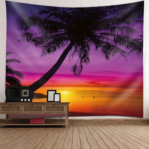 Mesnt Wandteppich Strand Groß, 210x140cm Sonnenuntergang Palme Meer Strand Landschaft Natur Landschaft Wanddeko für Schlafzimmer Wohnzimmer Wohnheim | Violett Orange