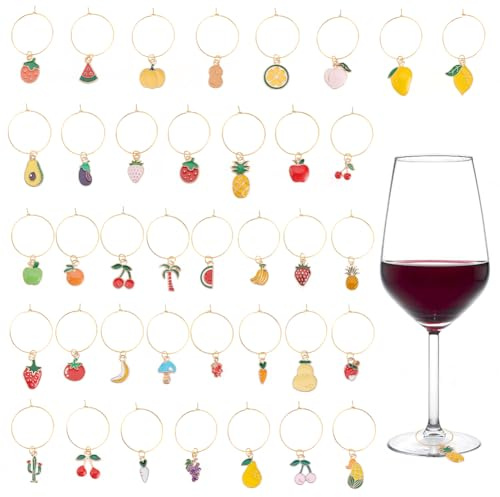 PLIGREAT 38 pcs breloques pour verres à vin, marqueurs fruités, étiquettes pour verres à pied, identifiants pour dégustation de vin, cotillons décoratifs