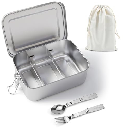 Feelhap Lunch Box in Acciaio Inox, 2400ML Bento Box Porta Merenda Porta Pranzo in Metallo con 2 Partizione Rimovibile, Contenitore Ermetico per Alimenti Scatola con Borsa, Forchetta e Cucchiaio