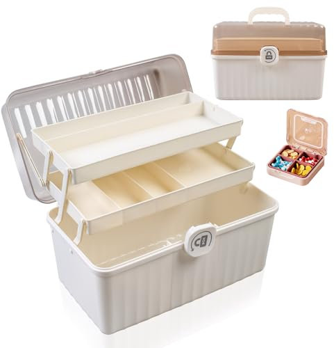 MaxEarn 3-Regal Medikamenten Aufbewahrung Groß, 32 X 18 X 22 Cm Hausapotheke Box Medizinbox, Weiß Medikamenten Organizer Box, Erste-Hilfe-Box, Medizinkoffer, Sortierbox füR Haarschmuck und Kosmetik