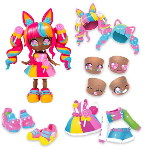 BANDAI - Animakii - Lollipop et Bubblegum - Coffret Poupée Personnalisable - 1 Poupée, 4 Visages, 2 Coiffures, 2 Tenues, 2 Paires de Chaussures - Jouet Créatif 5 Ans et + - HEA26351