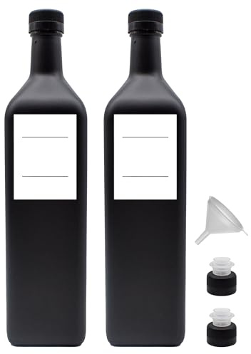 Generisch Ölflaschen 1l zum Befüllen schwarz-matt aus Glas 1000 ml mit Deckel und Kunststoffausgießer wasserfeste Etiketten Made in Germany (Variante 3)